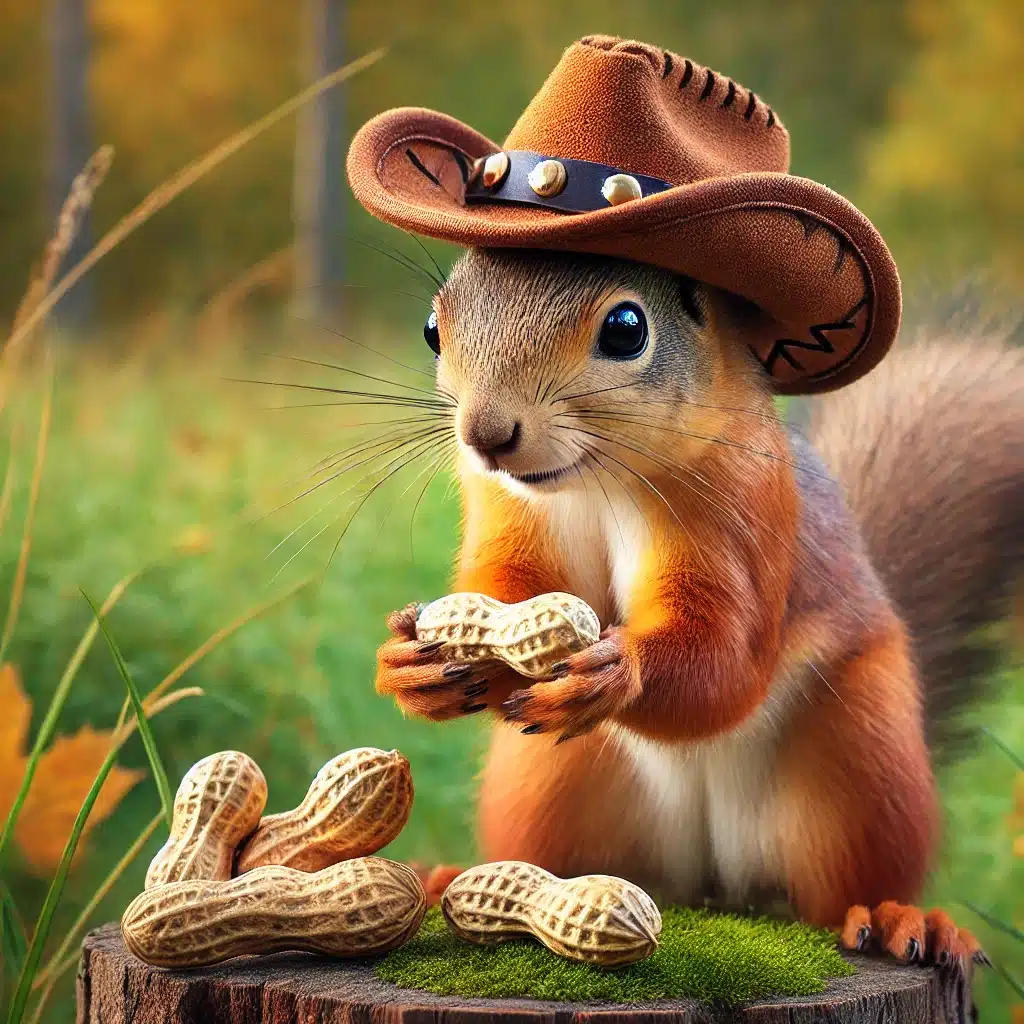 DALL·E-2024-11-04-12.45.47-A-playful-squirrel-holding-peanuts-while-wearing-a-small-rustic-brown-cowboy-hat.-The-scene-is-set-outdoors-with-a-natural-background-featuring-gree.webp.webp