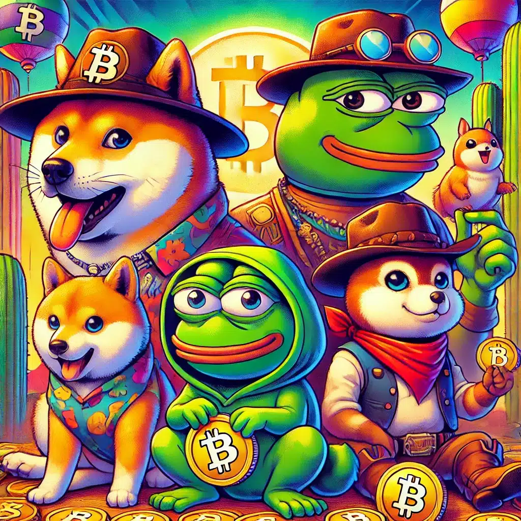 DALL·E-2024-11-13-17.17.25-A-vibrant-illustration-titled-Memecoin-Mania-with-four-characters_-a-dog-based-on-Dogecoin-styled-as-a-friendly-Shiba-Inu-with-a-playful-expression.webp.webp