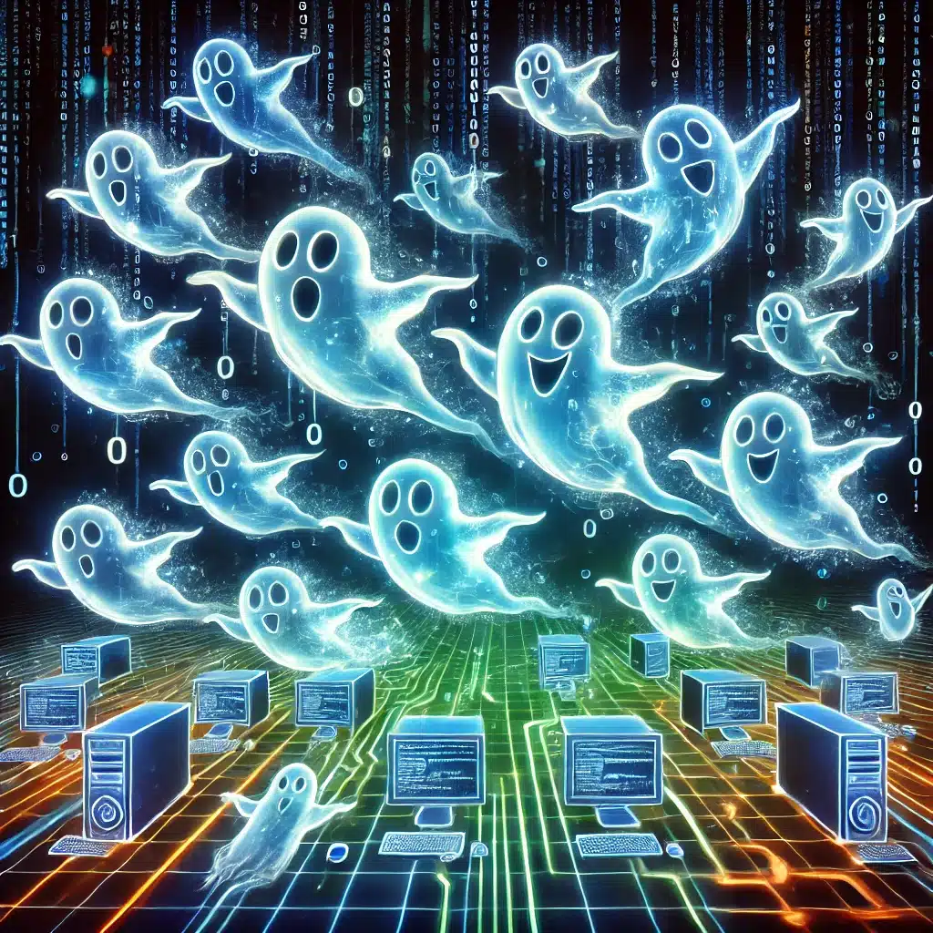 DALL·E-2024-12-16-15.40.58-A-lively-and-whimsical-depiction-of-glowing-transparent-ghosts-actively-leaving-a-digital-network.-The-ghosts-each-with-a-friendly-and-playful-expre.webp.webp